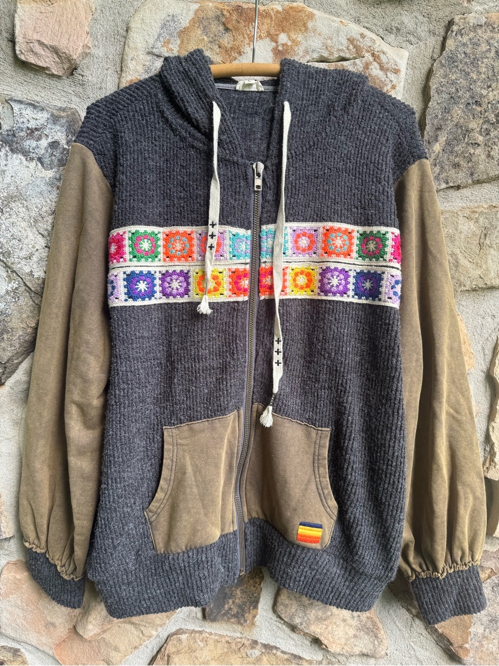 POL Charcoal Hooded Zip Cardigan with Crochet Granny Squares Large Boho Eclectic